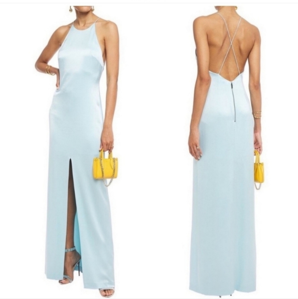 NWT Alice+Olivia Ettley halter maxi powder blue light blue satin gown dress size